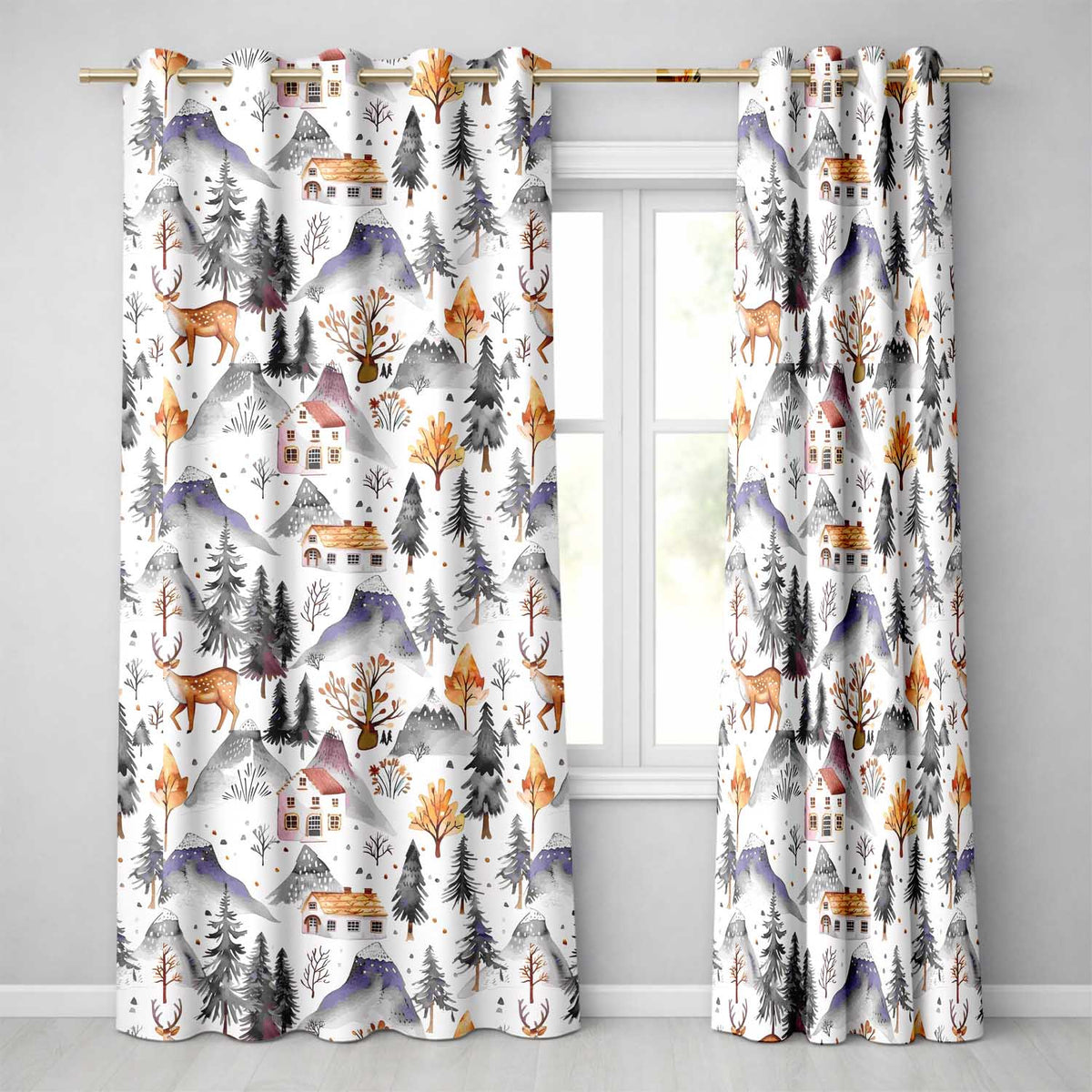 Watercolor Winter Landscape Houses Mountains Trees Seamless Pattern  Readymade Eyelet Ring Top Thermal 100% Blackout Curtains
