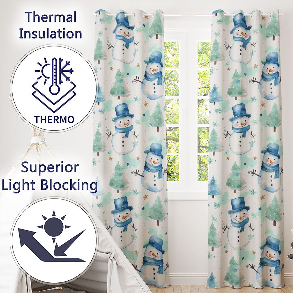 Cute Snowman Winter Trees Snowflakes Seamless Pattern  Readymade Eyelet Ring Top Thermal 100% Blackout Curtains