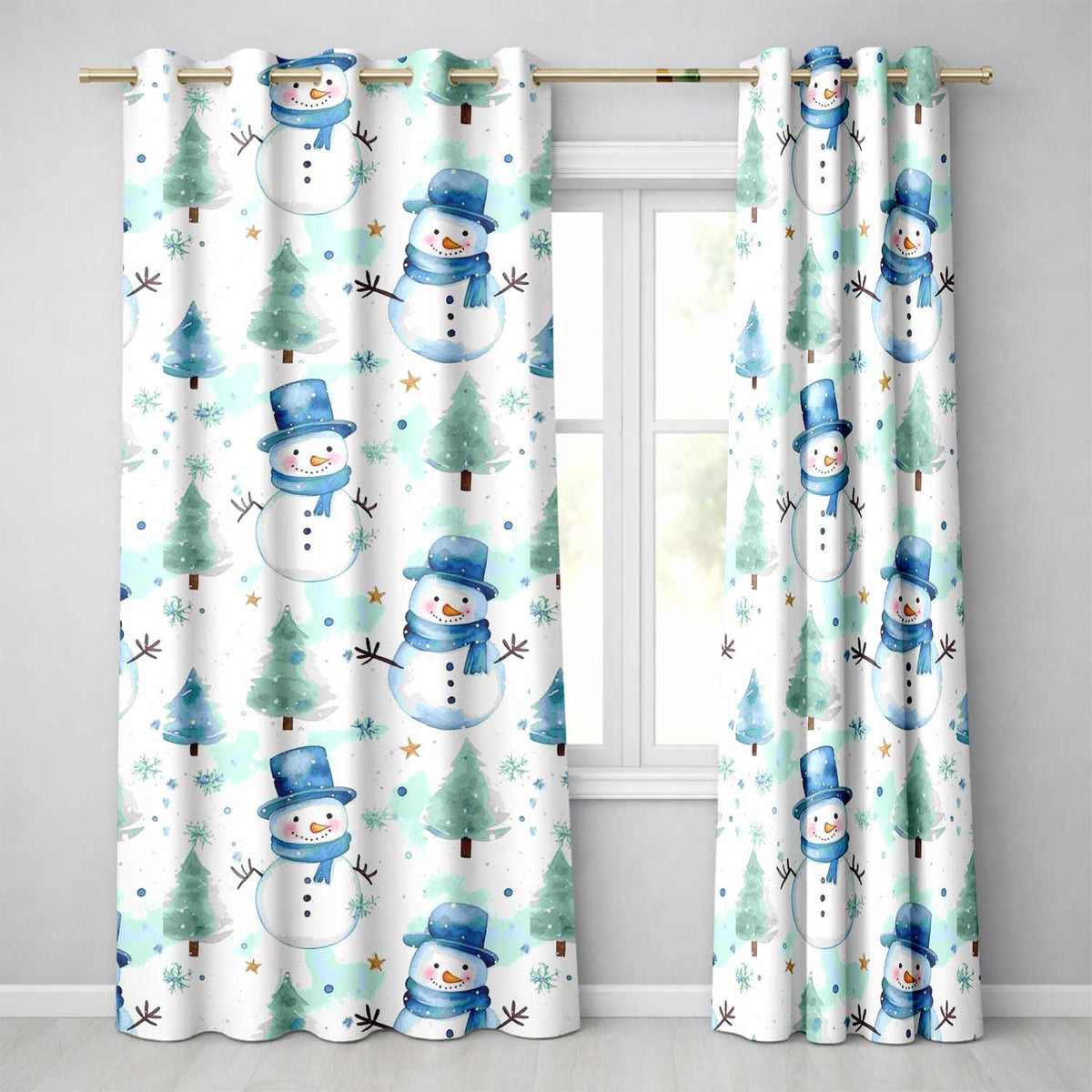 Cute Snowman Winter Trees Snowflakes Seamless Pattern  Readymade Eyelet Ring Top Thermal 100% Blackout Curtains