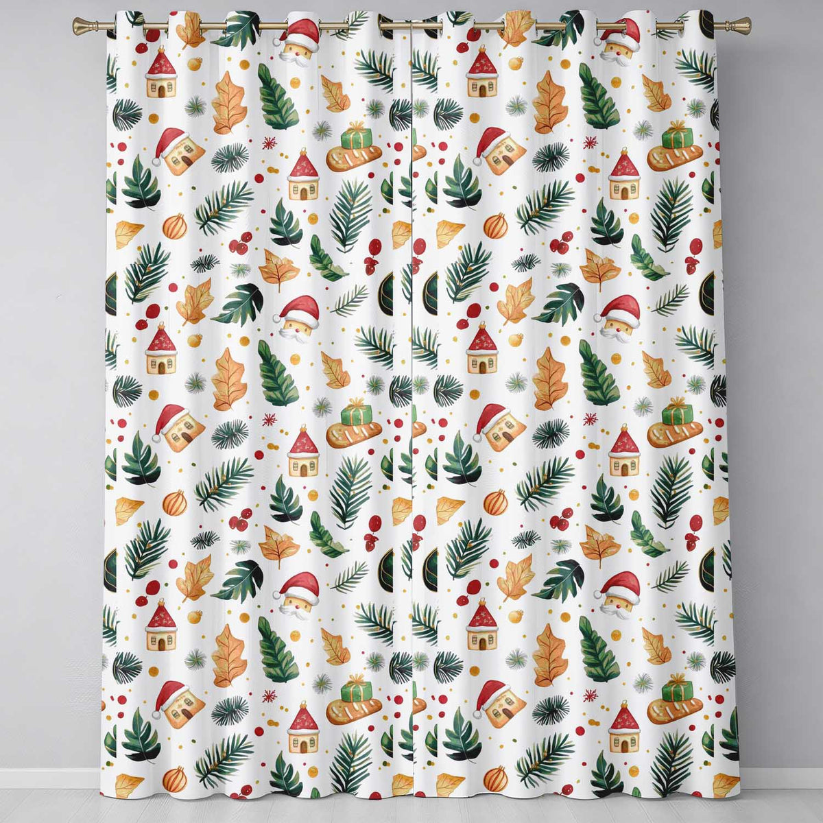 Festive Christmas Leaves Santa Houses Baubles Watercolor Seamless Pattern  Readymade Eyelet Ring Top Thermal 100% Blackout Curtains
