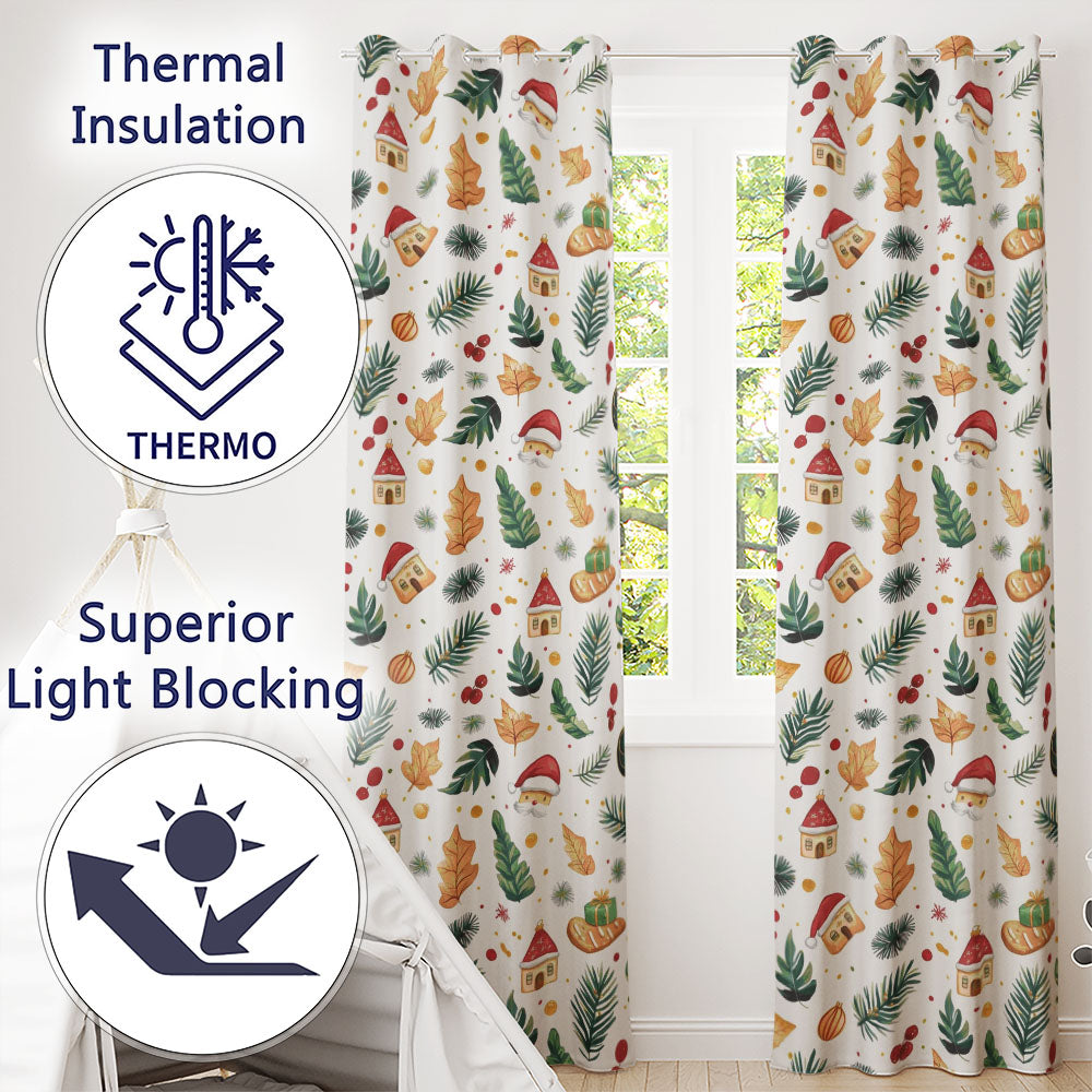 Festive Christmas Leaves Santa Houses Baubles Watercolor Seamless Pattern  Readymade Eyelet Ring Top Thermal 100% Blackout Curtains