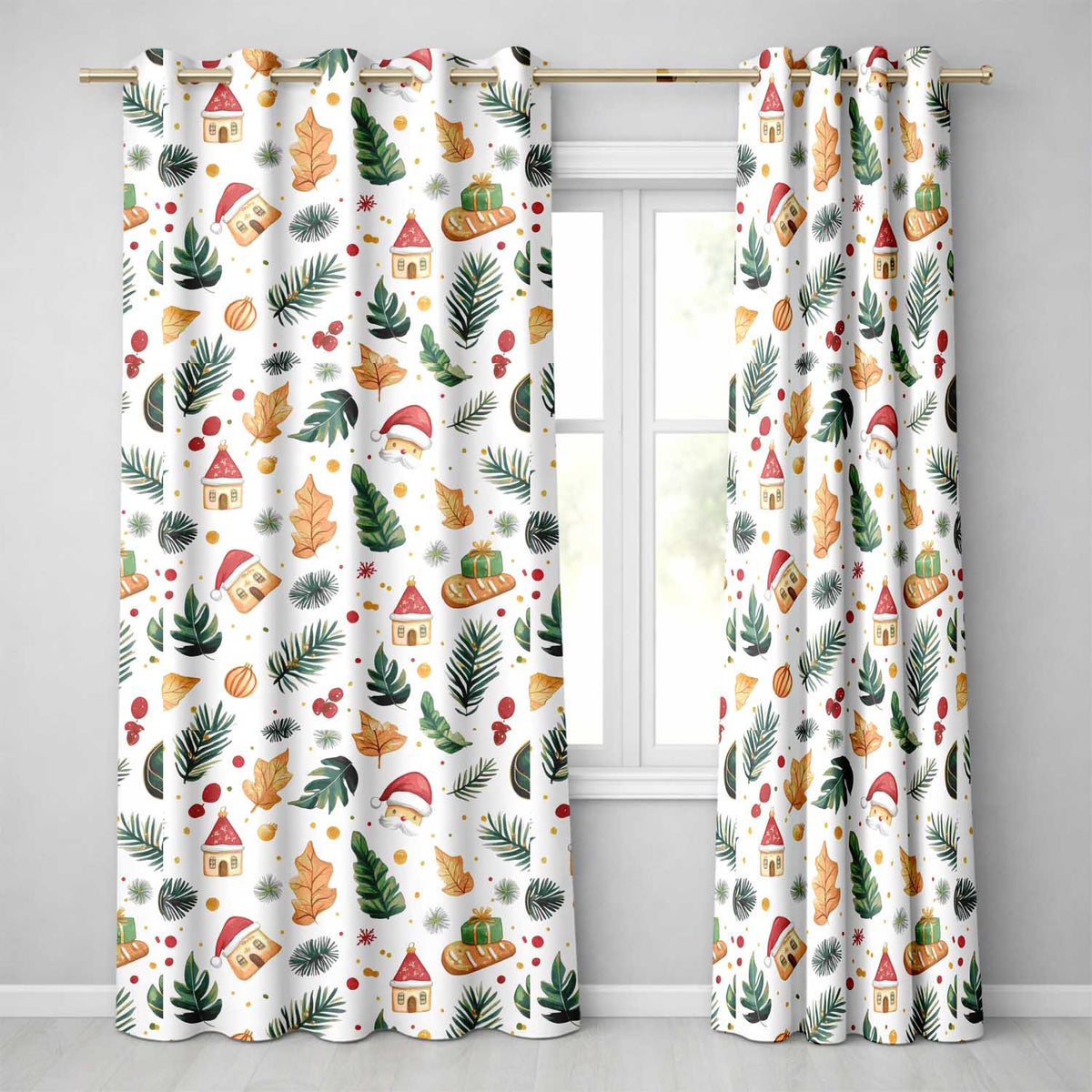 Festive Christmas Leaves Santa Houses Baubles Watercolor Seamless Pattern  Readymade Eyelet Ring Top Thermal 100% Blackout Curtains