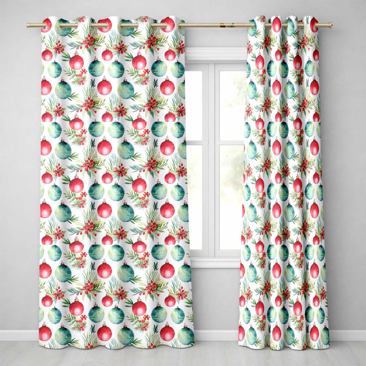 Watercolor Christmas Baubles Holly Leaves Festive Seamless Pattern  Readymade Eyelet Ring Top Thermal 100% Blackout Curtains