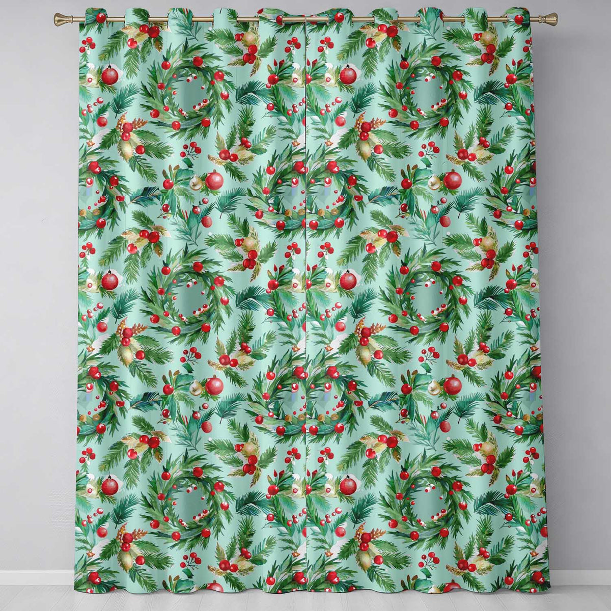 Watercolor Christmas Wreath Pine Branches Red Berries Festive Seamless Pattern  Readymade Eyelet Ring Top Thermal 100% Blackout Curtains