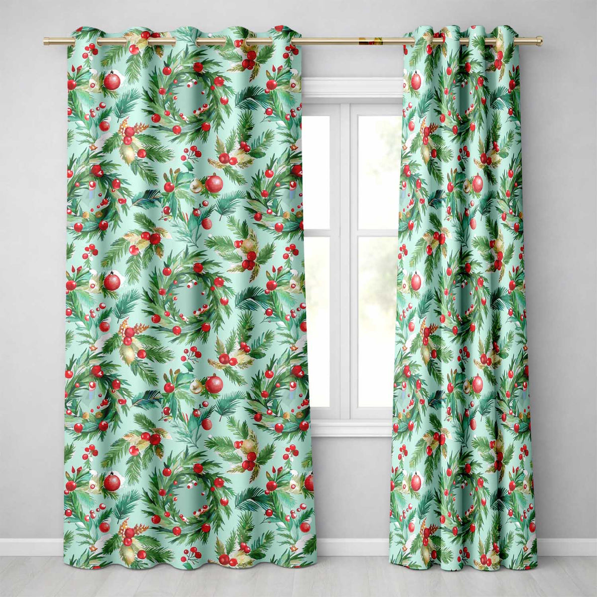Watercolor Christmas Wreath Pine Branches Red Berries Festive Seamless Pattern  Readymade Eyelet Ring Top Thermal 100% Blackout Curtains