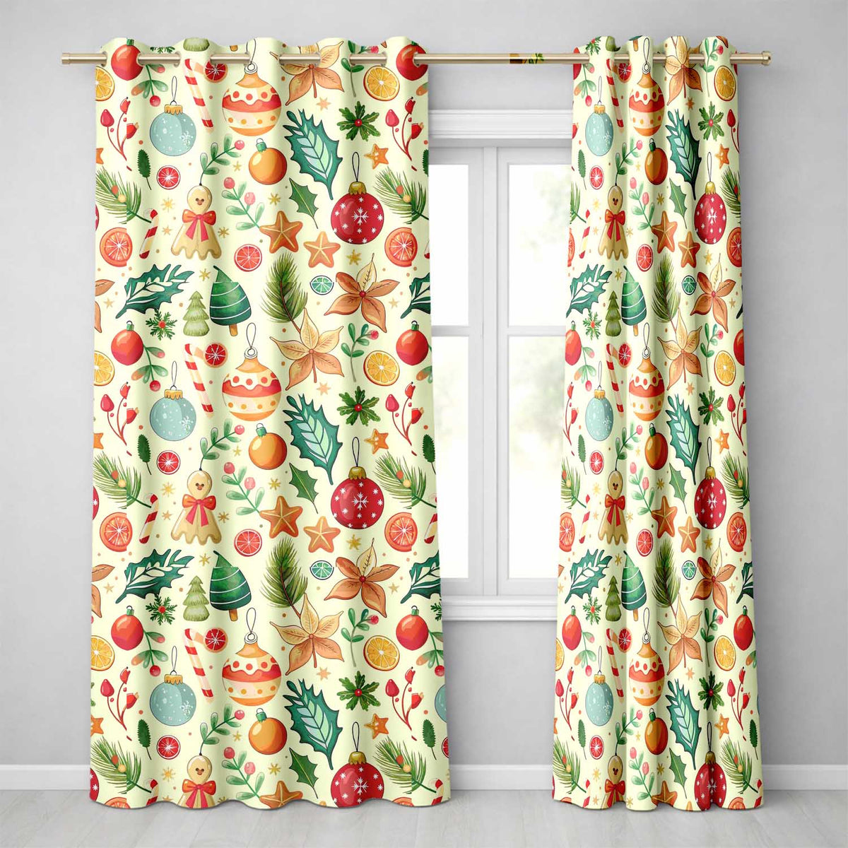 Cute Christmas Ornaments Candy Cane Citrus Leaves Festive Seamless Pattern  Readymade Eyelet Ring Top Thermal 100% Blackout Curtains