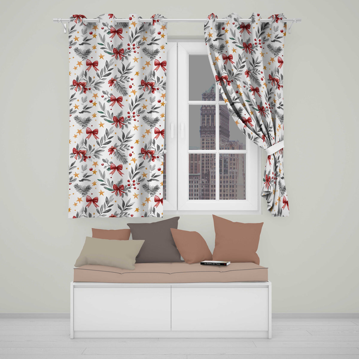 Elegant Christmas Bows Holly Leaves Stars Festive Seamless Pattern  Readymade Eyelet Ring Top Thermal 100% Blackout Curtains