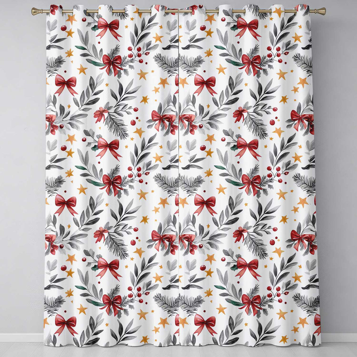 Elegant Christmas Bows Holly Leaves Stars Festive Seamless Pattern  Readymade Eyelet Ring Top Thermal 100% Blackout Curtains