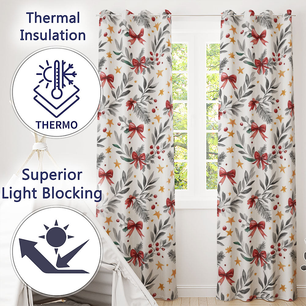 Elegant Christmas Bows Holly Leaves Stars Festive Seamless Pattern  Readymade Eyelet Ring Top Thermal 100% Blackout Curtains