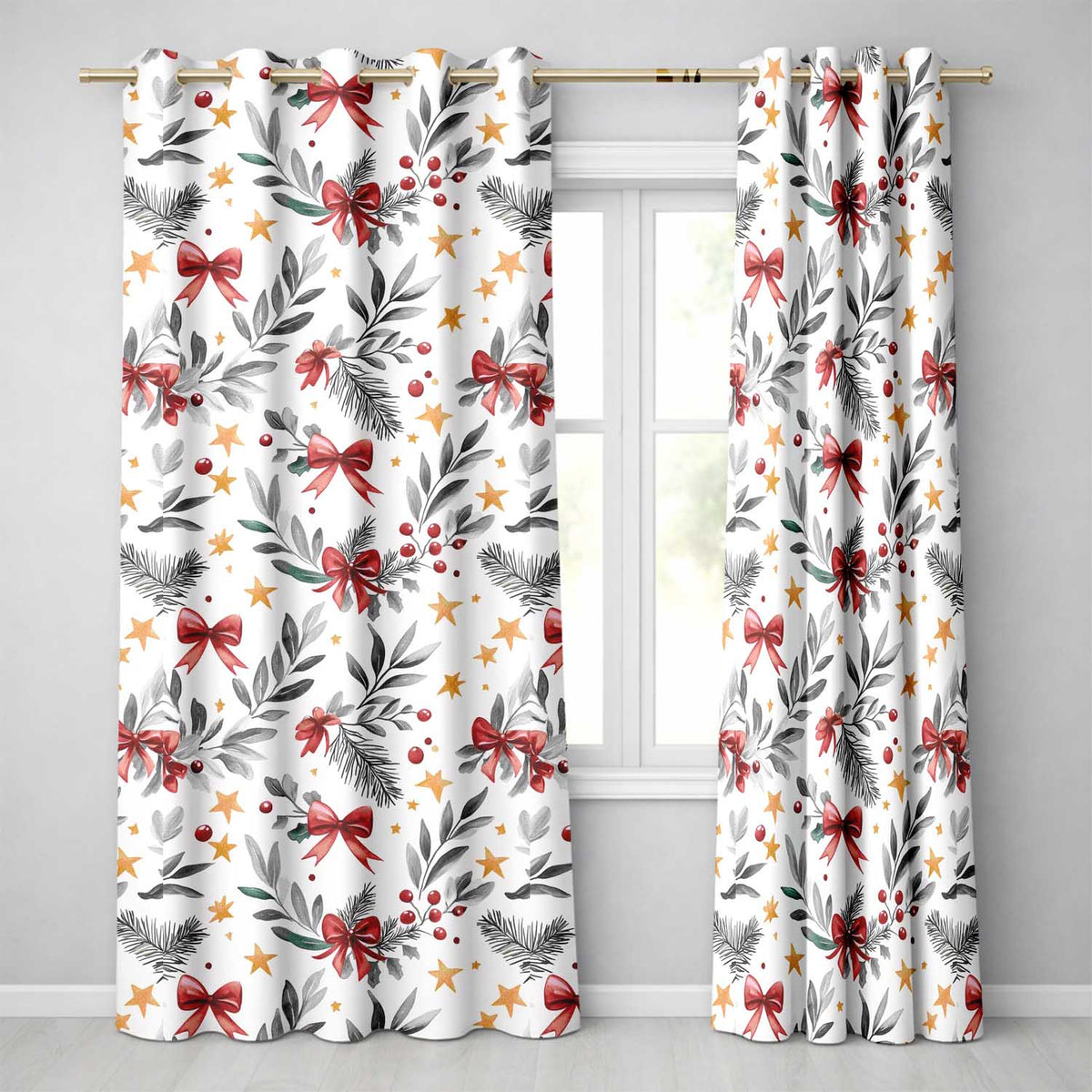 Elegant Christmas Bows Holly Leaves Stars Festive Seamless Pattern  Readymade Eyelet Ring Top Thermal 100% Blackout Curtains