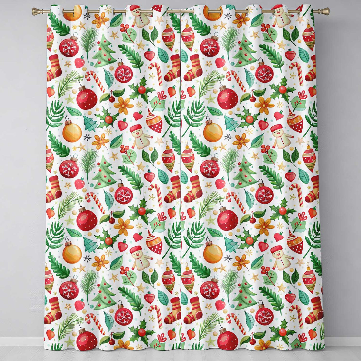 Cute Christmas Tree Snowman Candy Cane Baubles Seamless Pattern  Readymade Eyelet Ring Top Thermal 100% Blackout Curtains