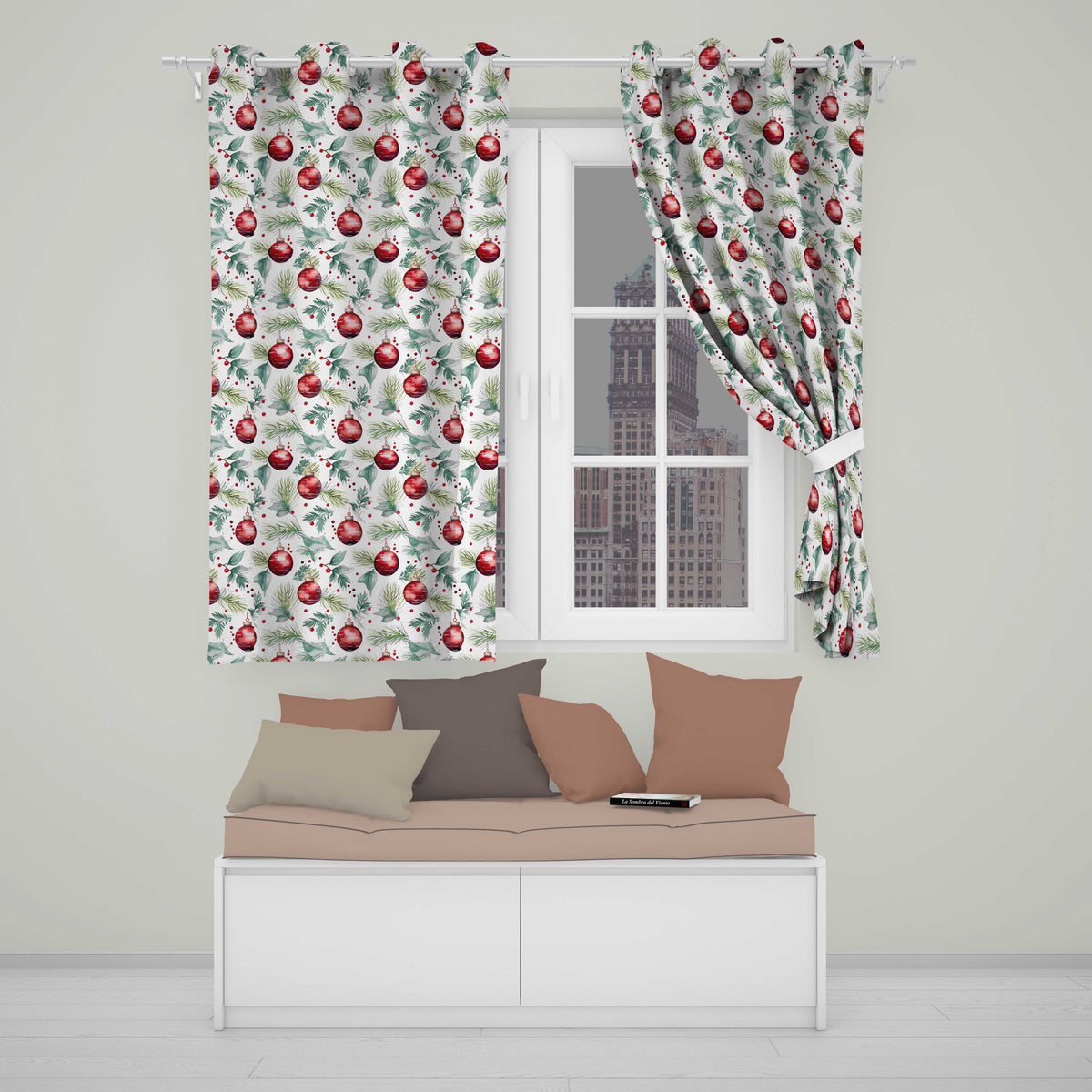 Watercolor Red Baubles Pine Branches Festive Holiday Seamless Pattern  Readymade Eyelet Ring Top Thermal 100% Blackout Curtains