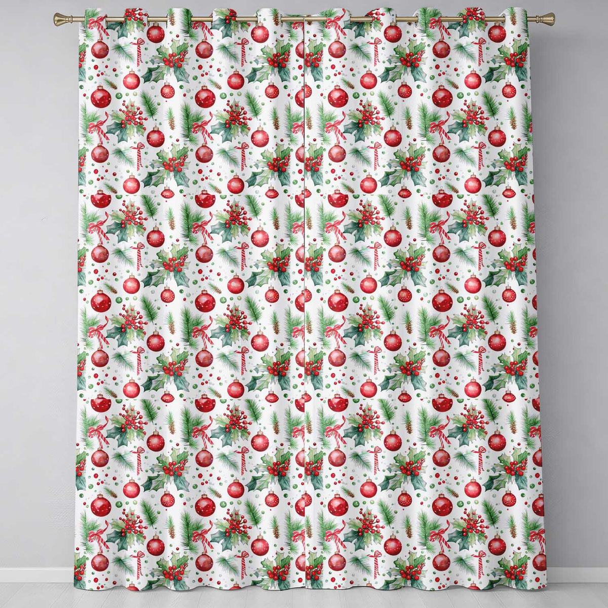 Watercolor Holly Leaves Red Berries Baubles Festive Seamless Pattern  Readymade Eyelet Ring Top Thermal 100% Blackout Curtains