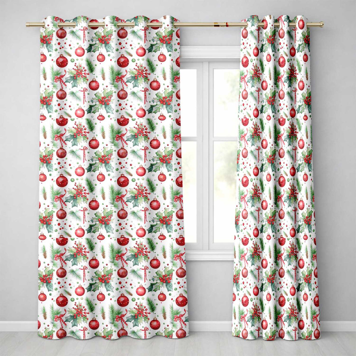 Watercolor Holly Leaves Red Berries Baubles Festive Seamless Pattern  Readymade Eyelet Ring Top Thermal 100% Blackout Curtains
