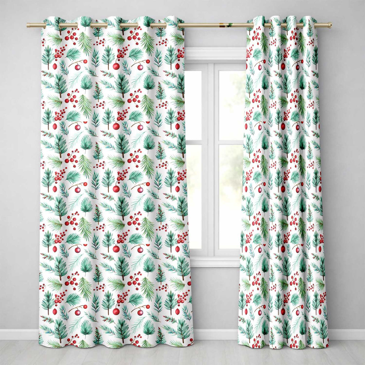 Watercolor Pine Branches Red Berries Christmas Foliage Seamless Pattern  Readymade Eyelet Ring Top Thermal 100% Blackout Curtains