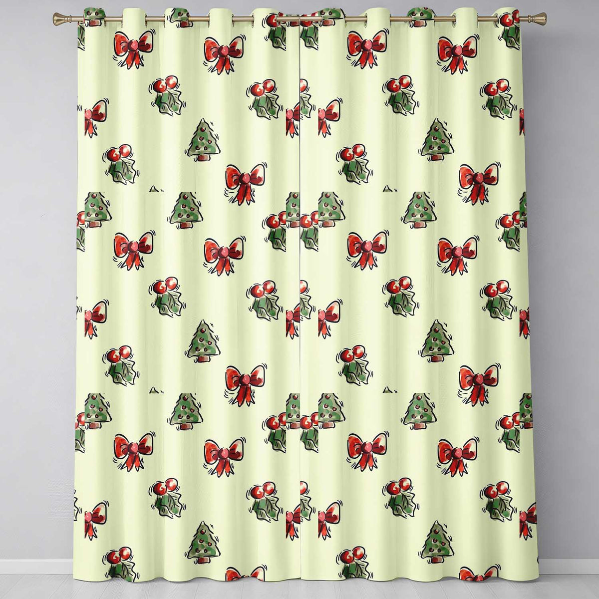 Cute Christmas Bows Holly Berries Tree Doodle Seamless Pattern  Readymade Eyelet Ring Top Thermal 100% Blackout Curtains