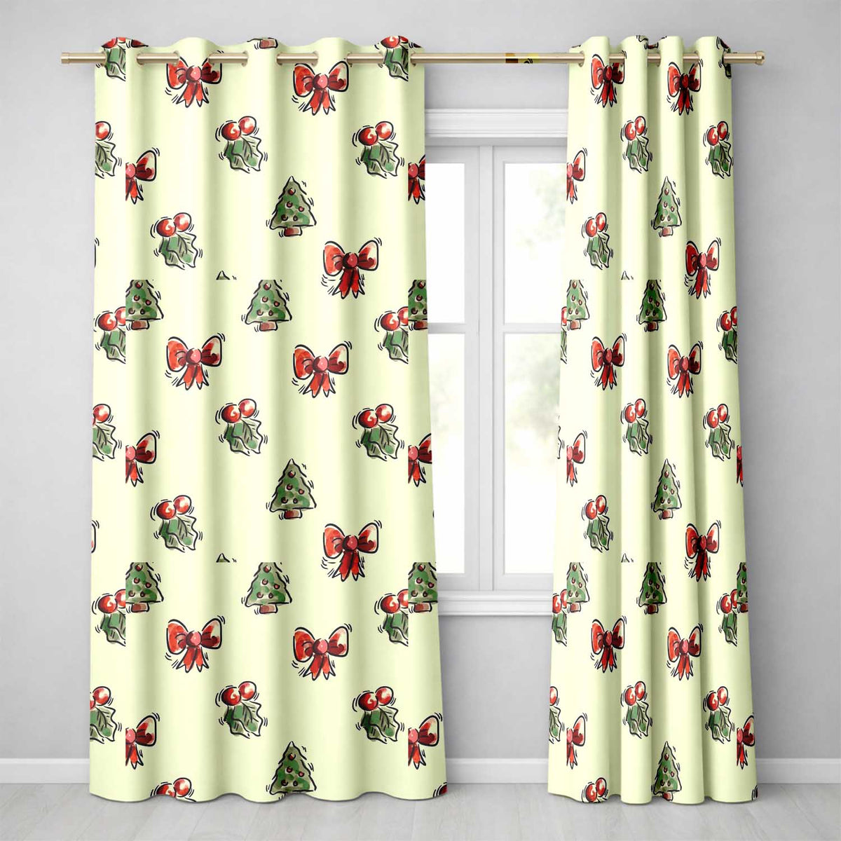Cute Christmas Bows Holly Berries Tree Doodle Seamless Pattern  Readymade Eyelet Ring Top Thermal 100% Blackout Curtains