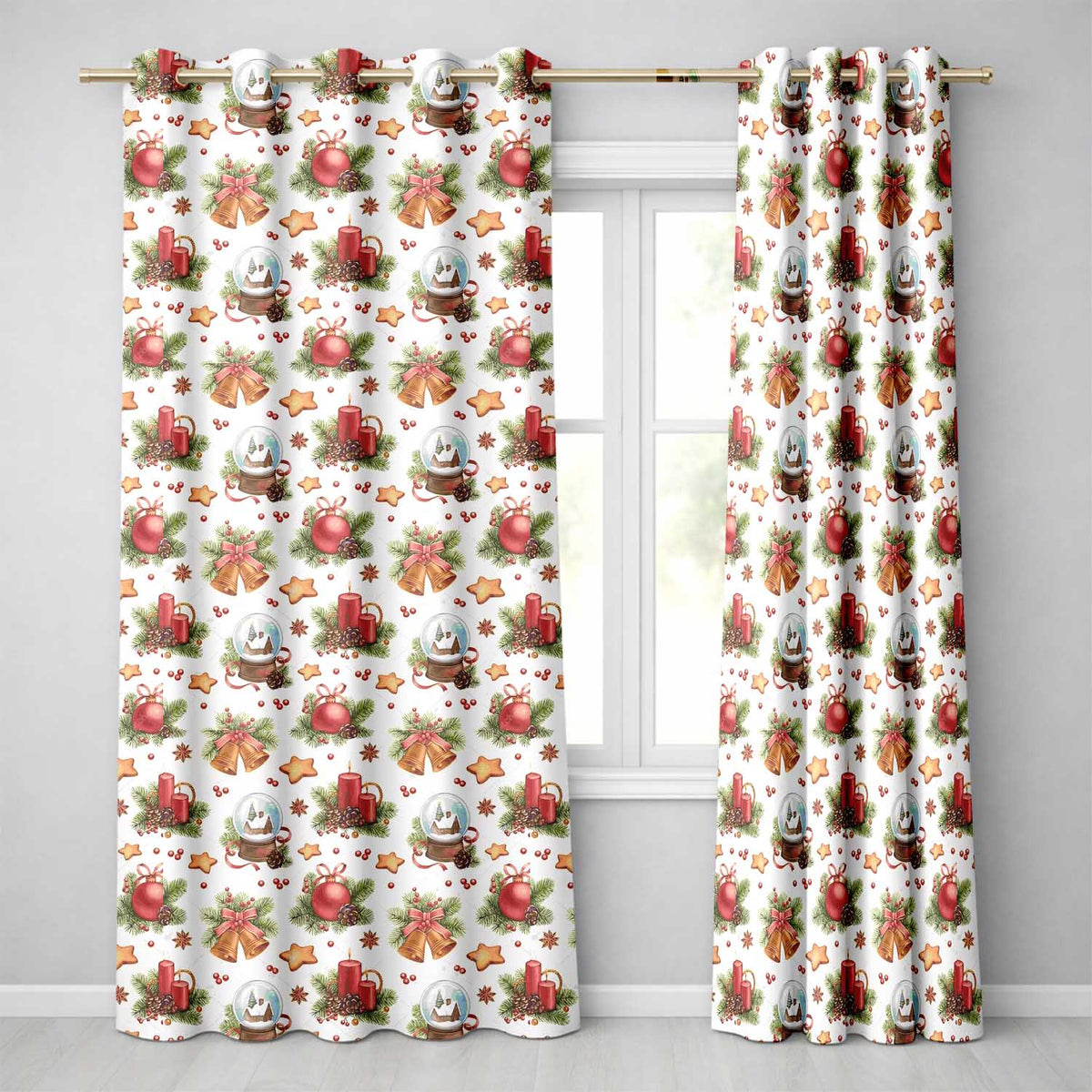 Vintage Christmas Bells Candle Snow Globe Festive Seamless Pattern  Readymade Eyelet Ring Top Thermal 100% Blackout Curtains