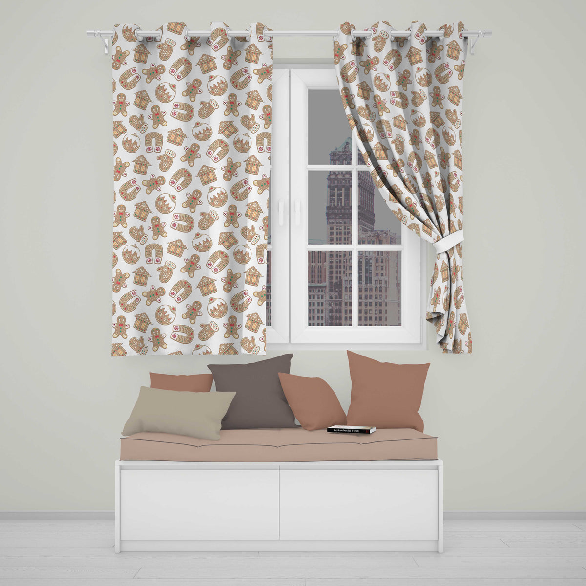 Gingerbread Cookie Mitten Christmas Festive Pattern Design UK Readymade Eyelet Ring Top Thermal 100% Blackout Curtains