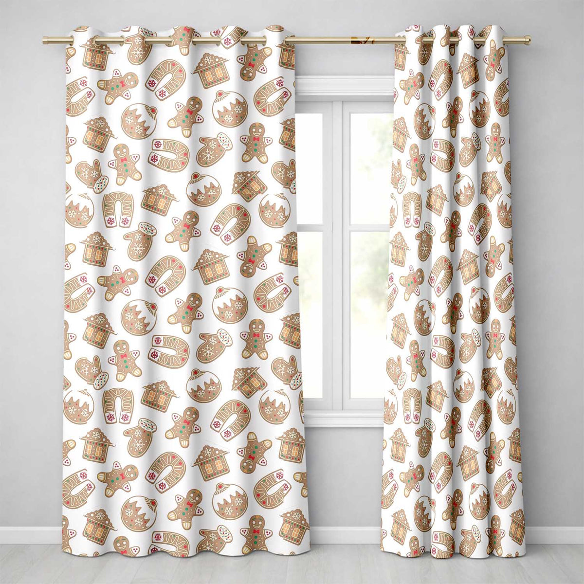 Gingerbread Cookie Mitten Christmas Festive Pattern Design UK Readymade Eyelet Ring Top Thermal 100% Blackout Curtains