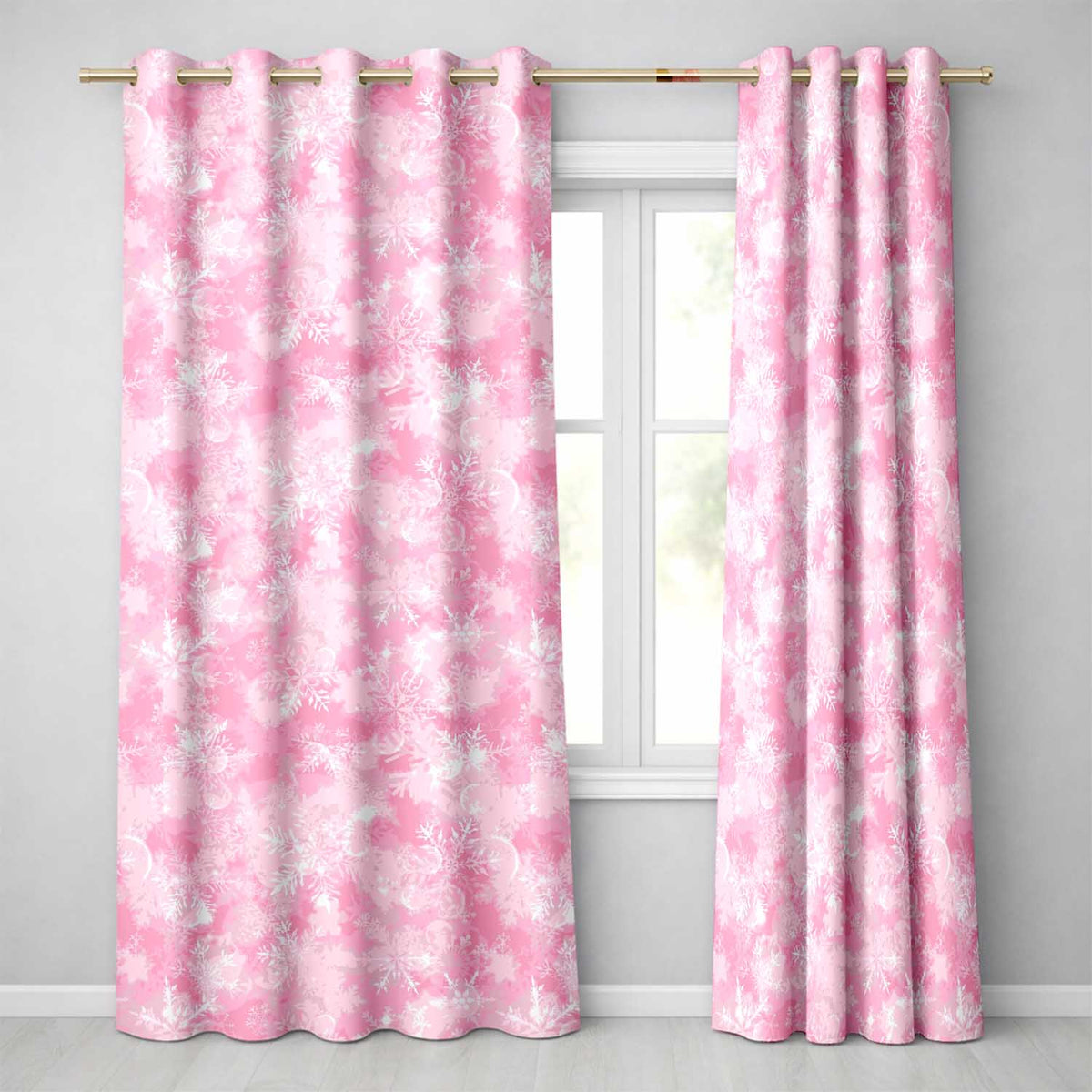 Soft Pink Snowflake Watercolor Christmas Festive Pattern Design UK Readymade Eyelet Ring Top Thermal 100% Blackout Curtains