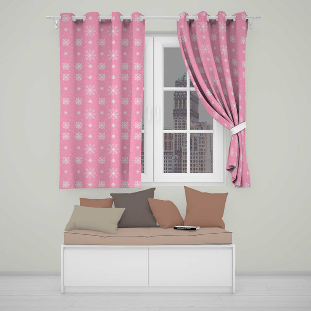 Pink White Snowflake Winter Festive Pattern Design UK Readymade Eyelet Ring Top Thermal 100% Blackout Curtains