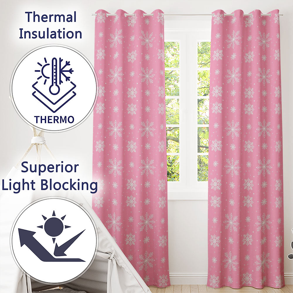 Pink White Snowflake Winter Festive Pattern Design UK Readymade Eyelet Ring Top Thermal 100% Blackout Curtains