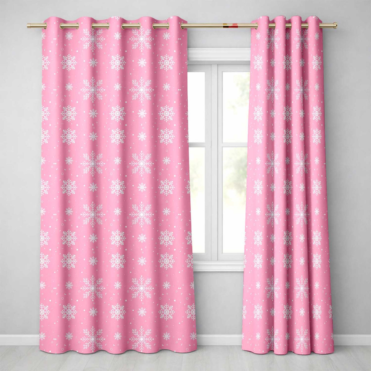 Pink White Snowflake Winter Festive Pattern Design UK Readymade Eyelet Ring Top Thermal 100% Blackout Curtains