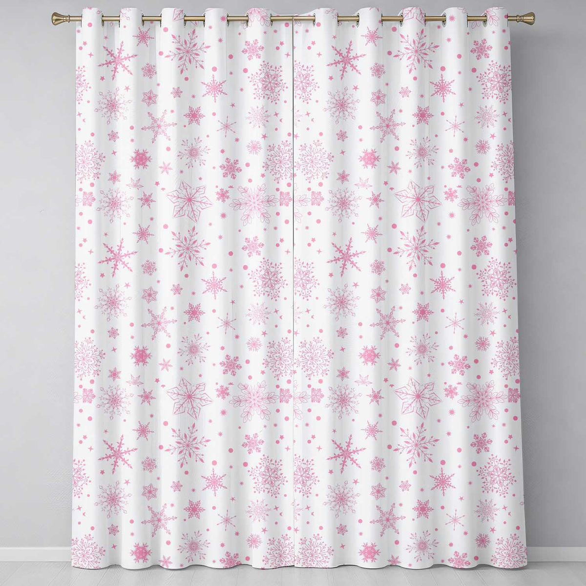 White Pink Snowflake Winter Festive Pattern Design UK Readymade Eyelet Ring Top Thermal 100% Blackout Curtains