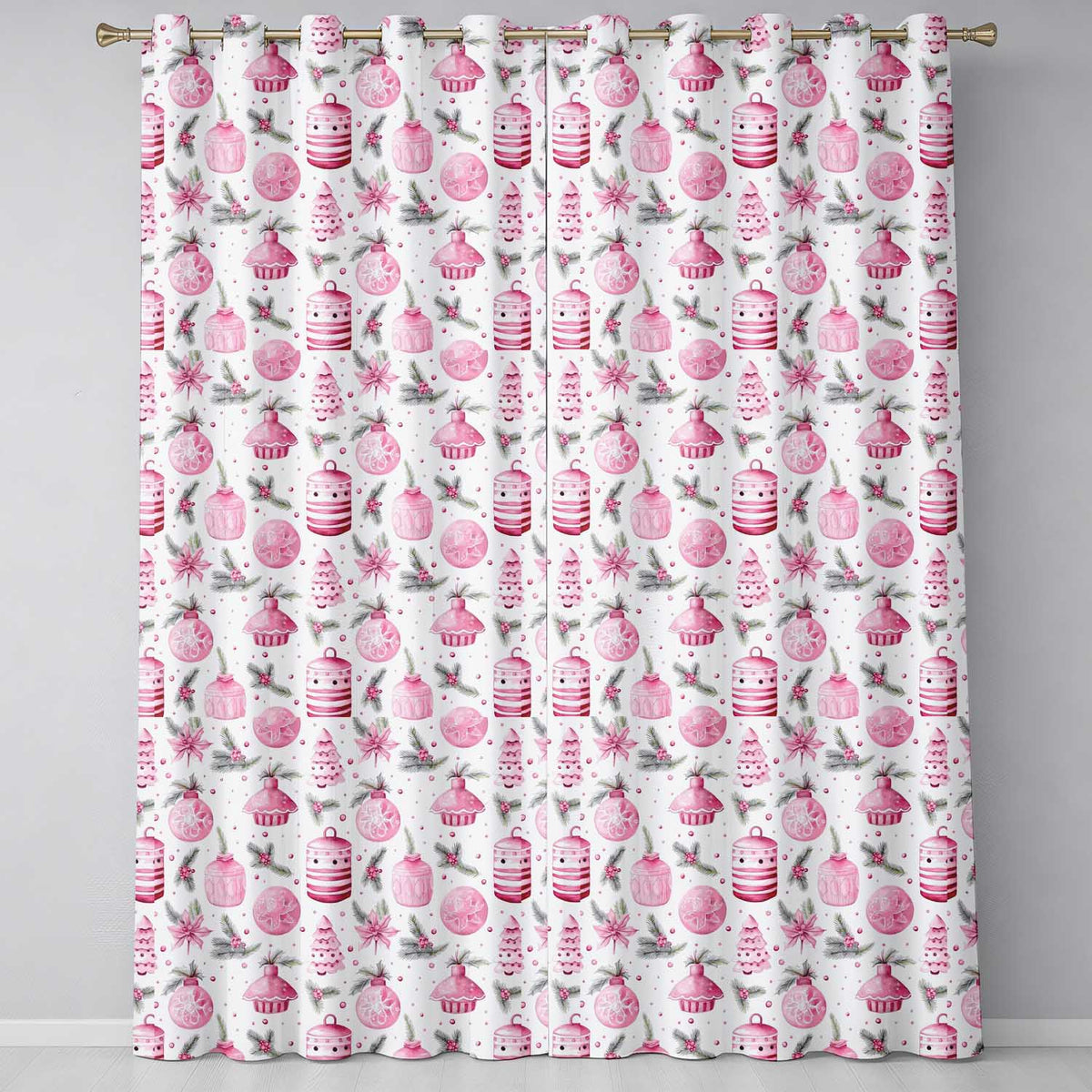 Pink Christmas Bauble Ornament Festive Pattern Design UK Readymade Eyelet Ring Top Thermal 100% Blackout Curtains