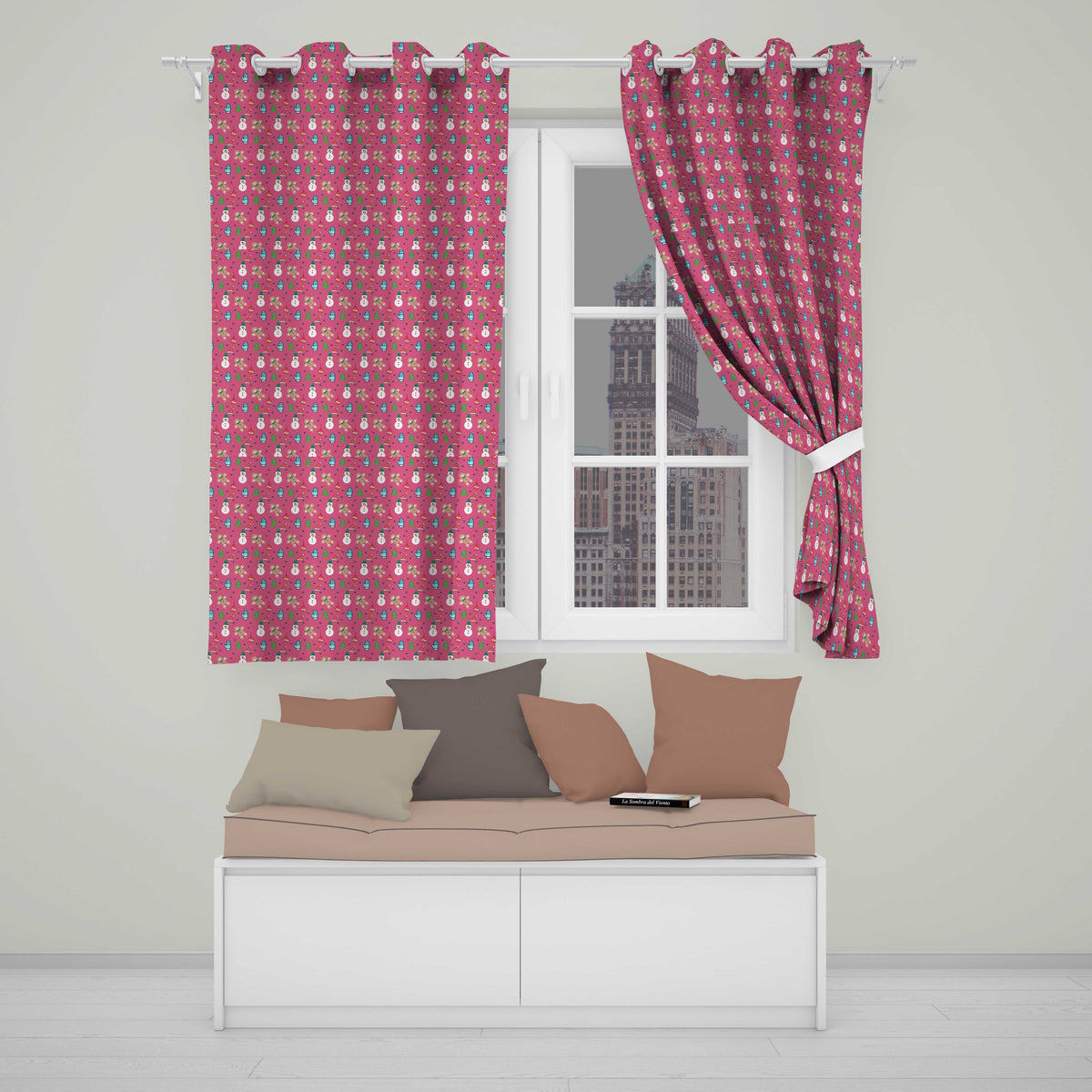 Cute Pink Snowman Gingerbread Christmas Festive Pattern Design UK Readymade Eyelet Ring Top Thermal 100% Blackout Curtains