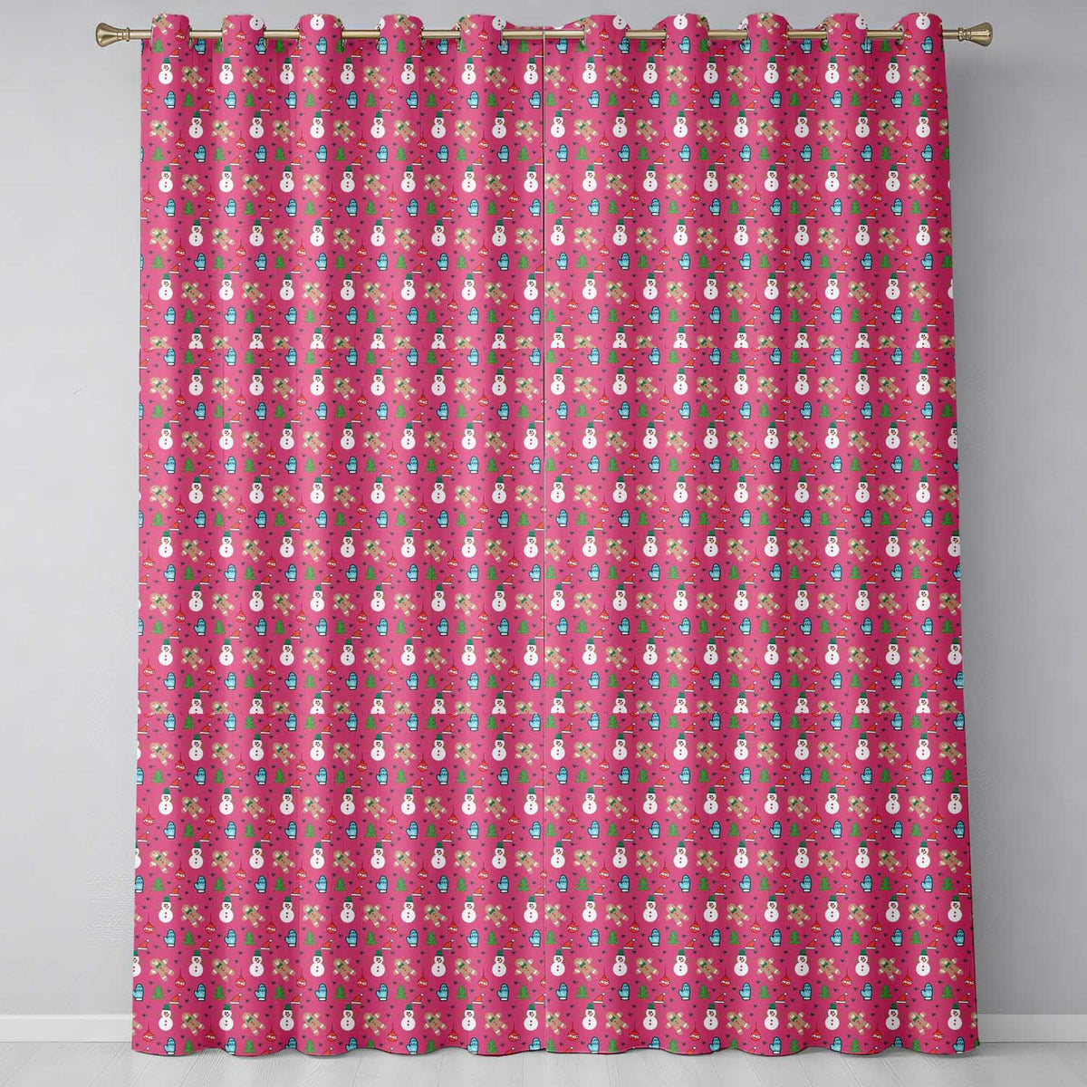 Cute Pink Snowman Gingerbread Christmas Festive Pattern Design UK Readymade Eyelet Ring Top Thermal 100% Blackout Curtains