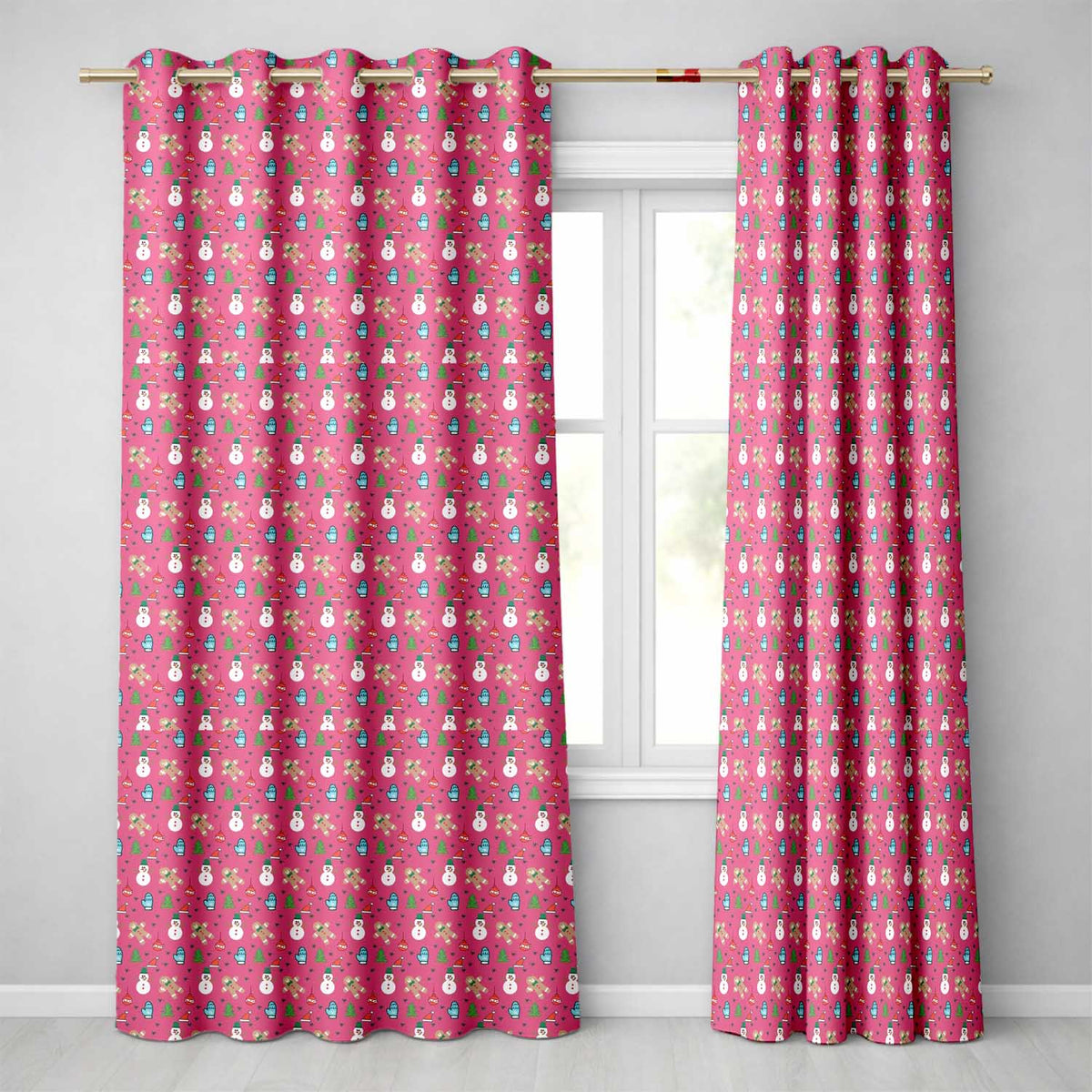 Cute Pink Snowman Gingerbread Christmas Festive Pattern Design UK Readymade Eyelet Ring Top Thermal 100% Blackout Curtains