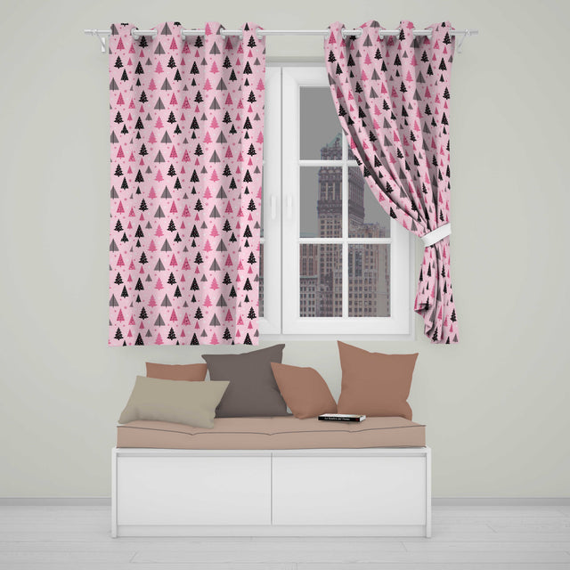 Pink Black Christmas Tree Scandinavian Festive Pattern Design UK Readymade Eyelet Ring Top Thermal 100% Blackout Curtains