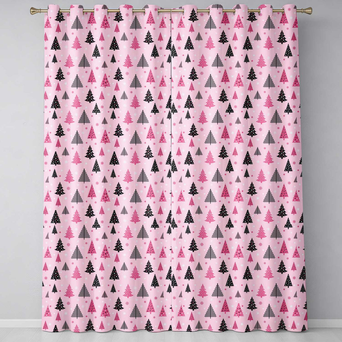Pink Black Christmas Tree Scandinavian Festive Pattern Design UK Readymade Eyelet Ring Top Thermal 100% Blackout Curtains