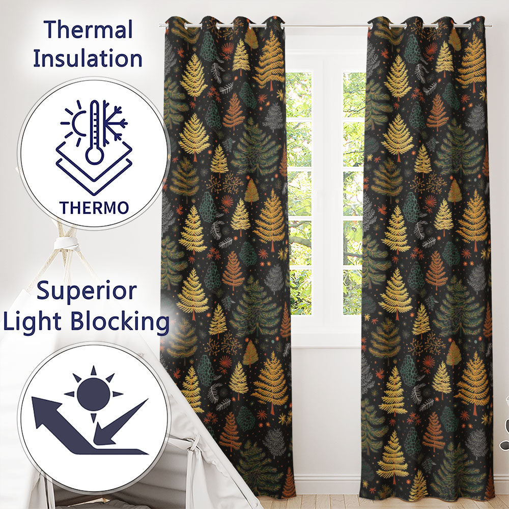 Dark Woodland Christmas Tree Nature Festive Pattern Design UK Readymade Eyelet Ring Top Thermal 100% Blackout Curtains
