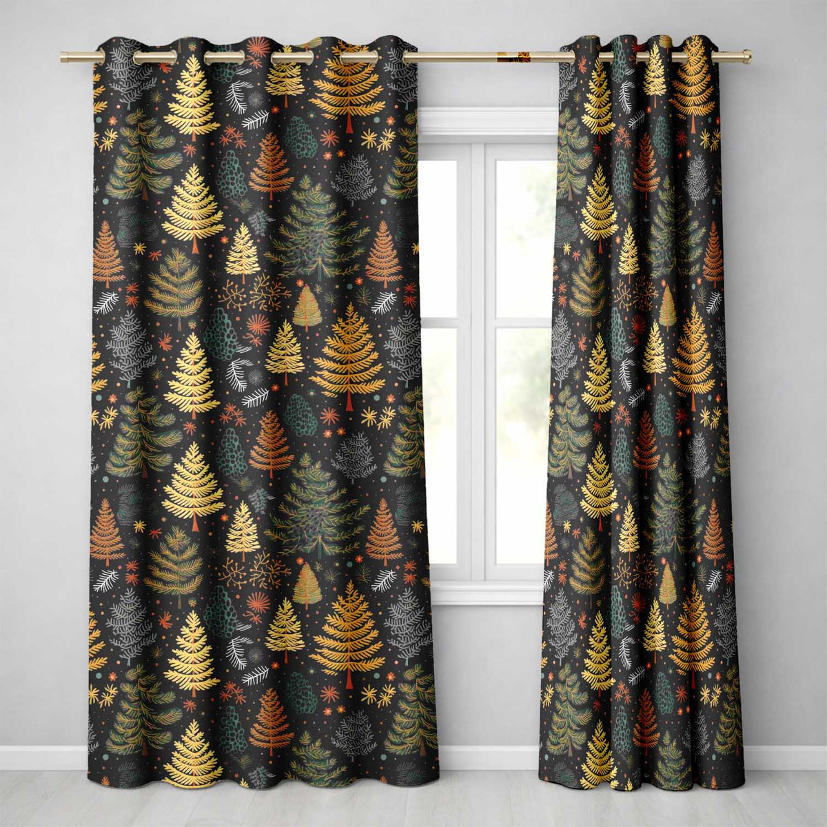 Dark Woodland Christmas Tree Nature Festive Pattern Design UK Readymade Eyelet Ring Top Thermal 100% Blackout Curtains