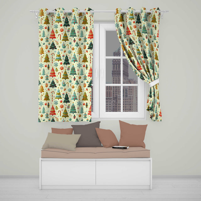 Retro Christmas Tree Candy Cane Festive Pattern Design UK Readymade Eyelet Ring Top Thermal 100% Blackout Curtains