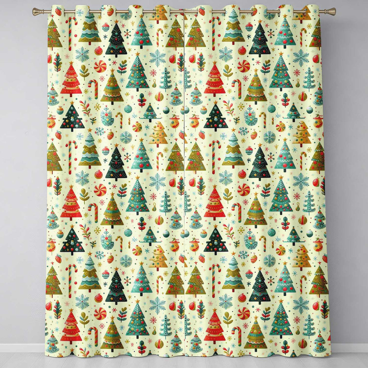 Retro Christmas Tree Candy Cane Festive Pattern Design UK Readymade Eyelet Ring Top Thermal 100% Blackout Curtains
