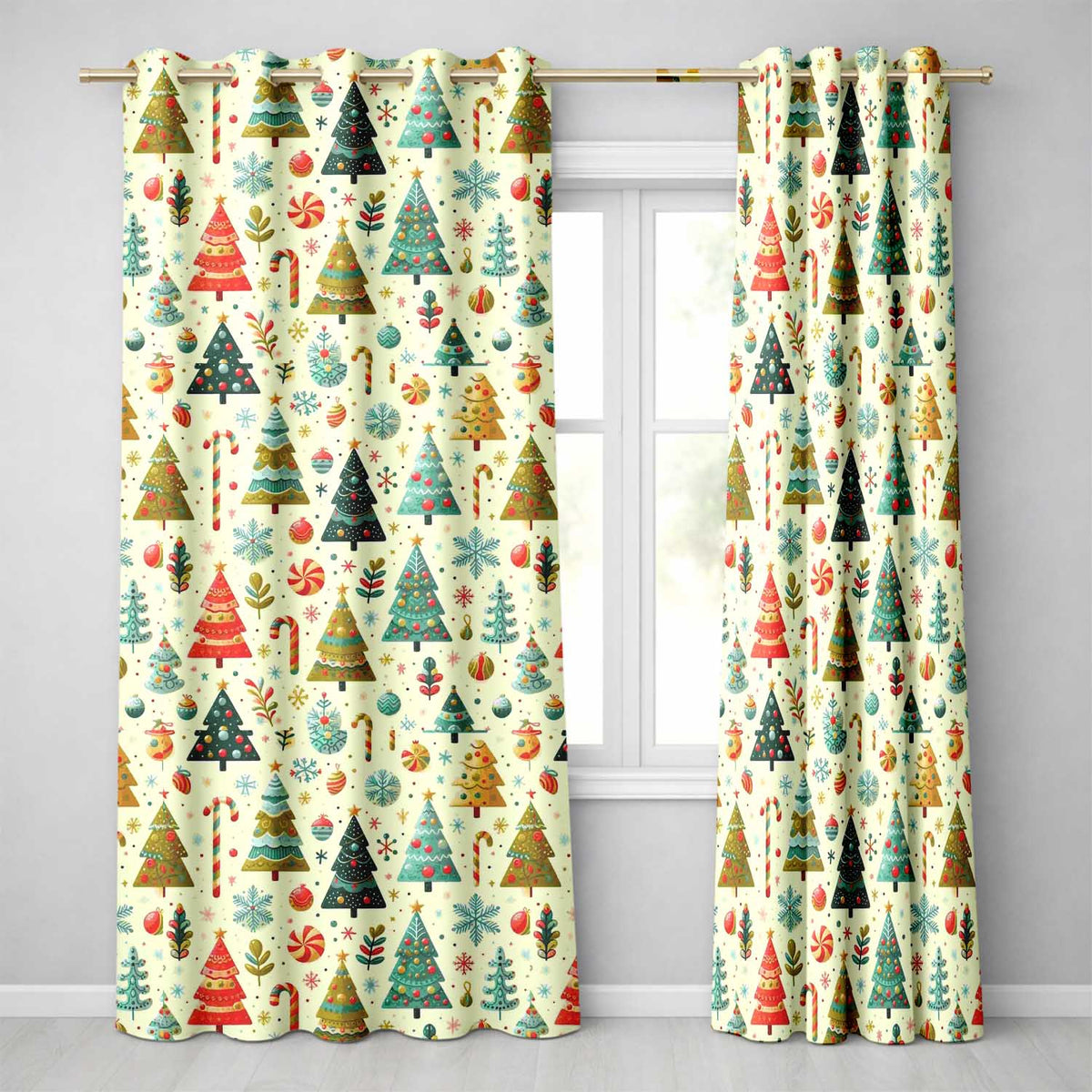 Retro Christmas Tree Candy Cane Festive Pattern Design UK Readymade Eyelet Ring Top Thermal 100% Blackout Curtains
