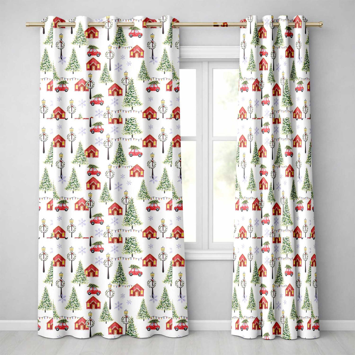 Watercolour Christmas Village Red Car Tree Festive Pattern Design UK Readymade Eyelet Ring Top Thermal 100% Blackout Curtains