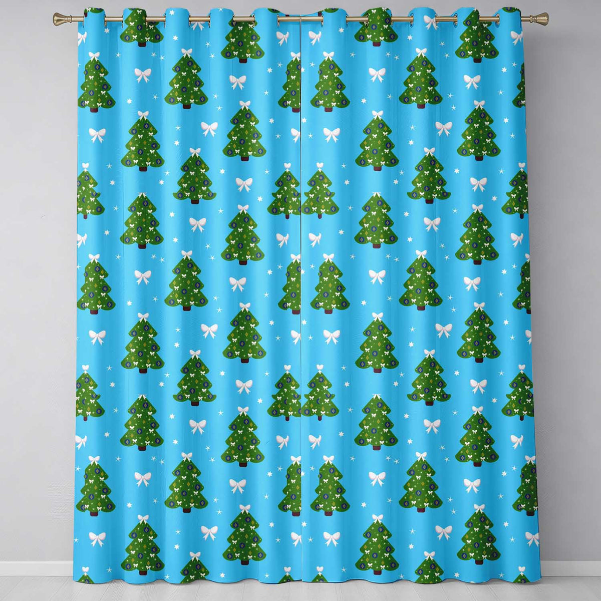 Blue Christmas Tree White Bow Festive Pattern Design UK Readymade Eyelet Ring Top Thermal 100% Blackout Curtains