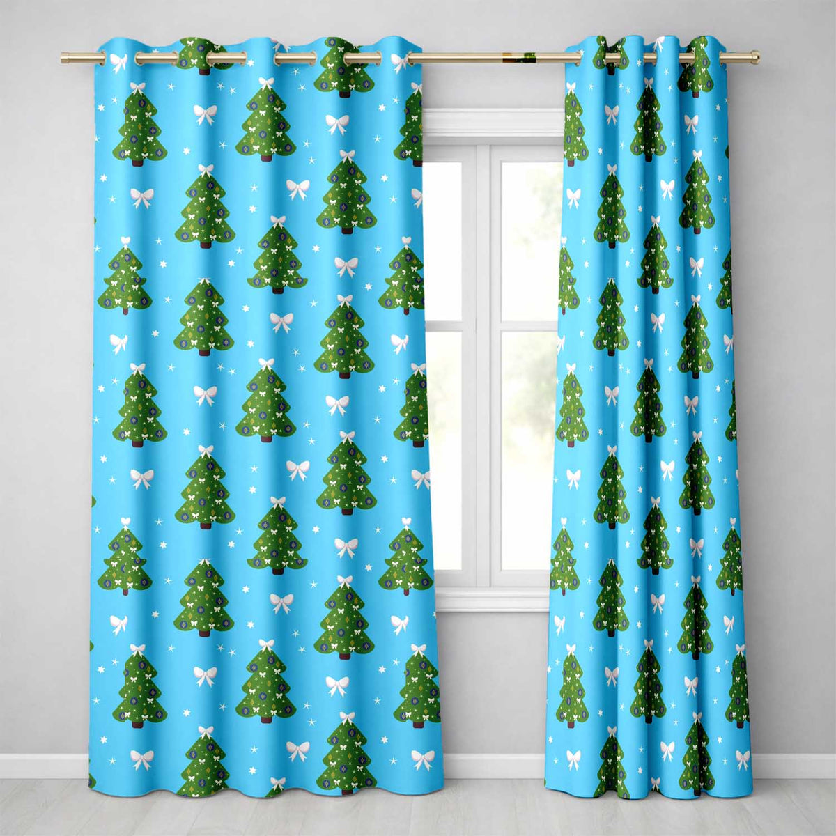 Blue Christmas Tree White Bow Festive Pattern Design UK Readymade Eyelet Ring Top Thermal 100% Blackout Curtains