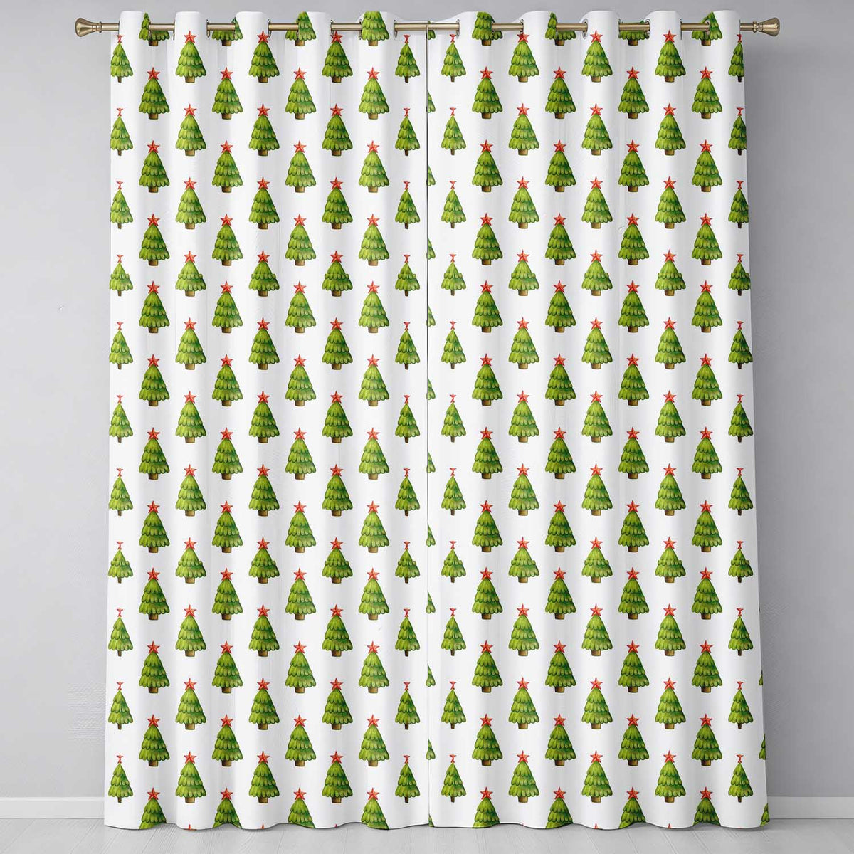 Watercolor Christmas Pine Tree Repeat White Festive Curtain Art Readymade Eyelet Ring Top Thermal 100% Blackout Curtains