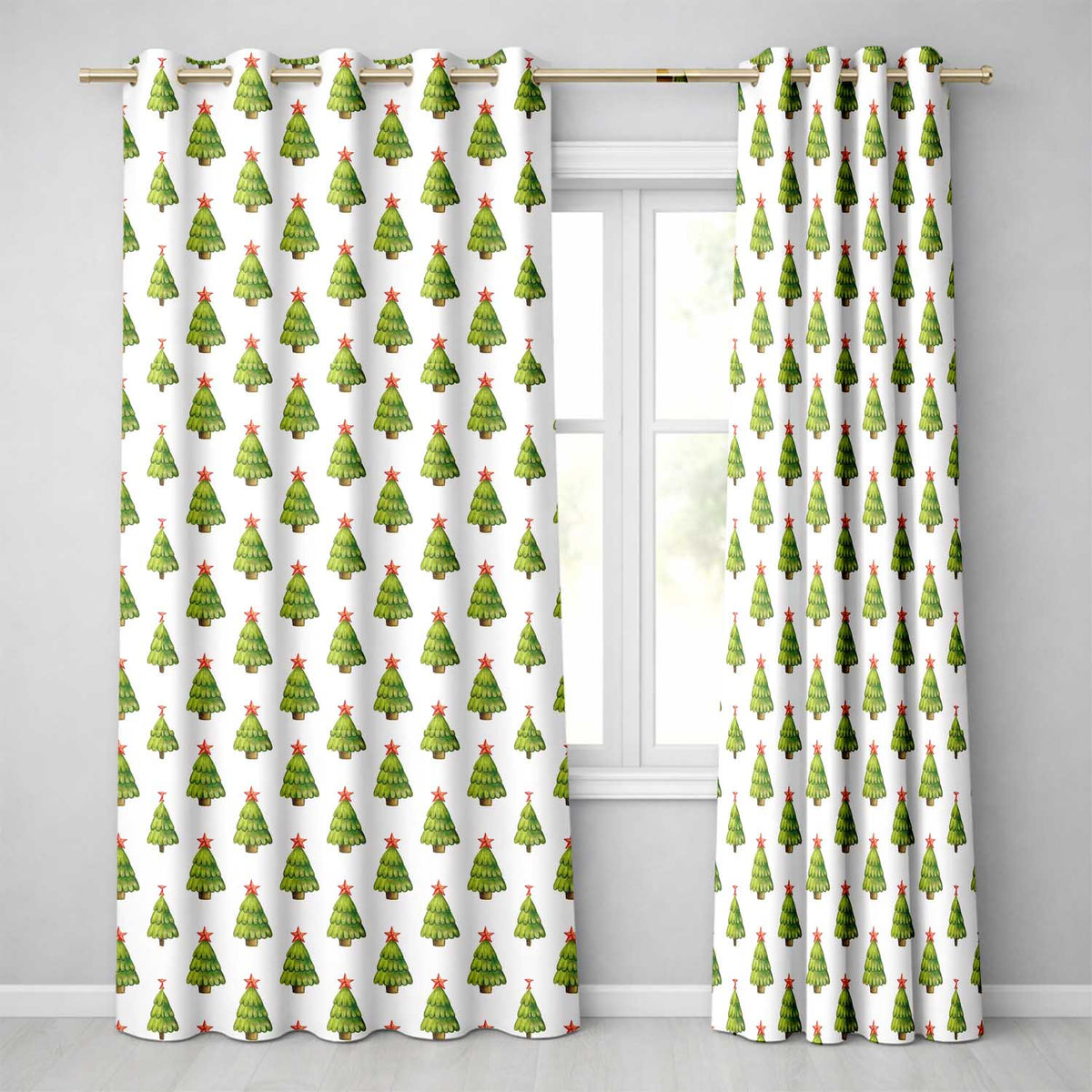Watercolor Christmas Pine Tree Repeat White Festive Curtain Art Readymade Eyelet Ring Top Thermal 100% Blackout Curtains