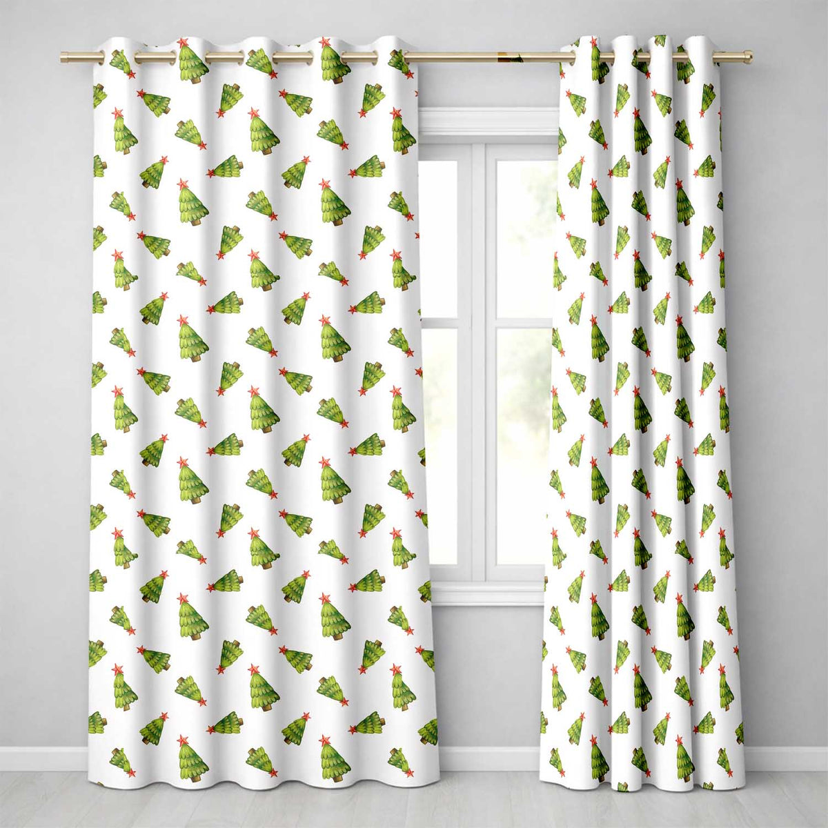 Diagonal Christmas Tree Scatter White Holiday Window CurtainsUK Readymade Eyelet Ring Top Thermal 100% Blackout Curtains