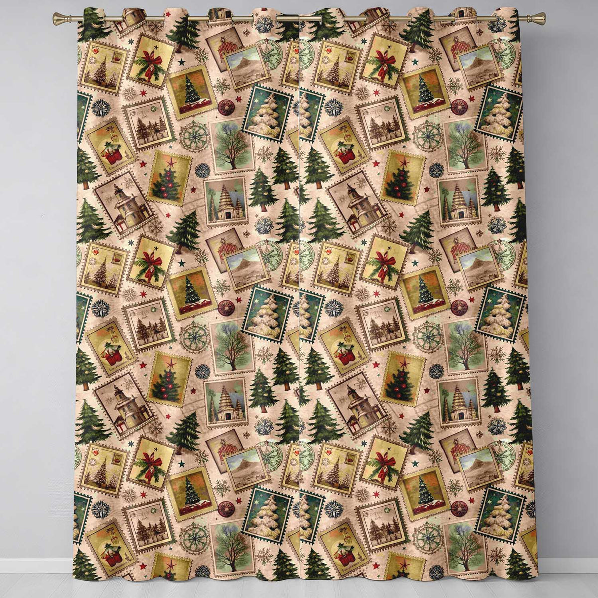 Rustic Christmas Stamp Tree Collage Holiday Curtain StylingHome Readymade Eyelet Ring Top Thermal 100% Blackout Curtains