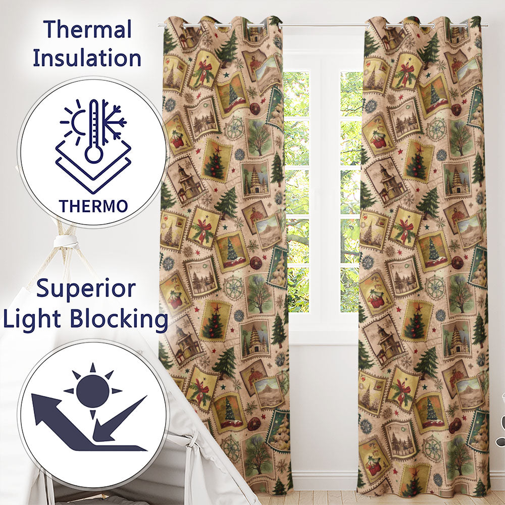 Rustic Christmas Stamp Tree Collage Holiday Curtain StylingHome Readymade Eyelet Ring Top Thermal 100% Blackout Curtains