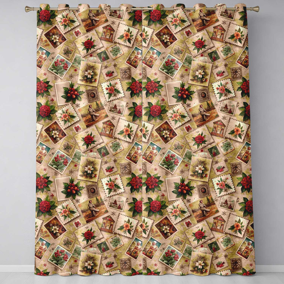 Antique Christmas Floral Postcard Collage Curtain AestheticHome Readymade Eyelet Ring Top Thermal 100% Blackout Curtains