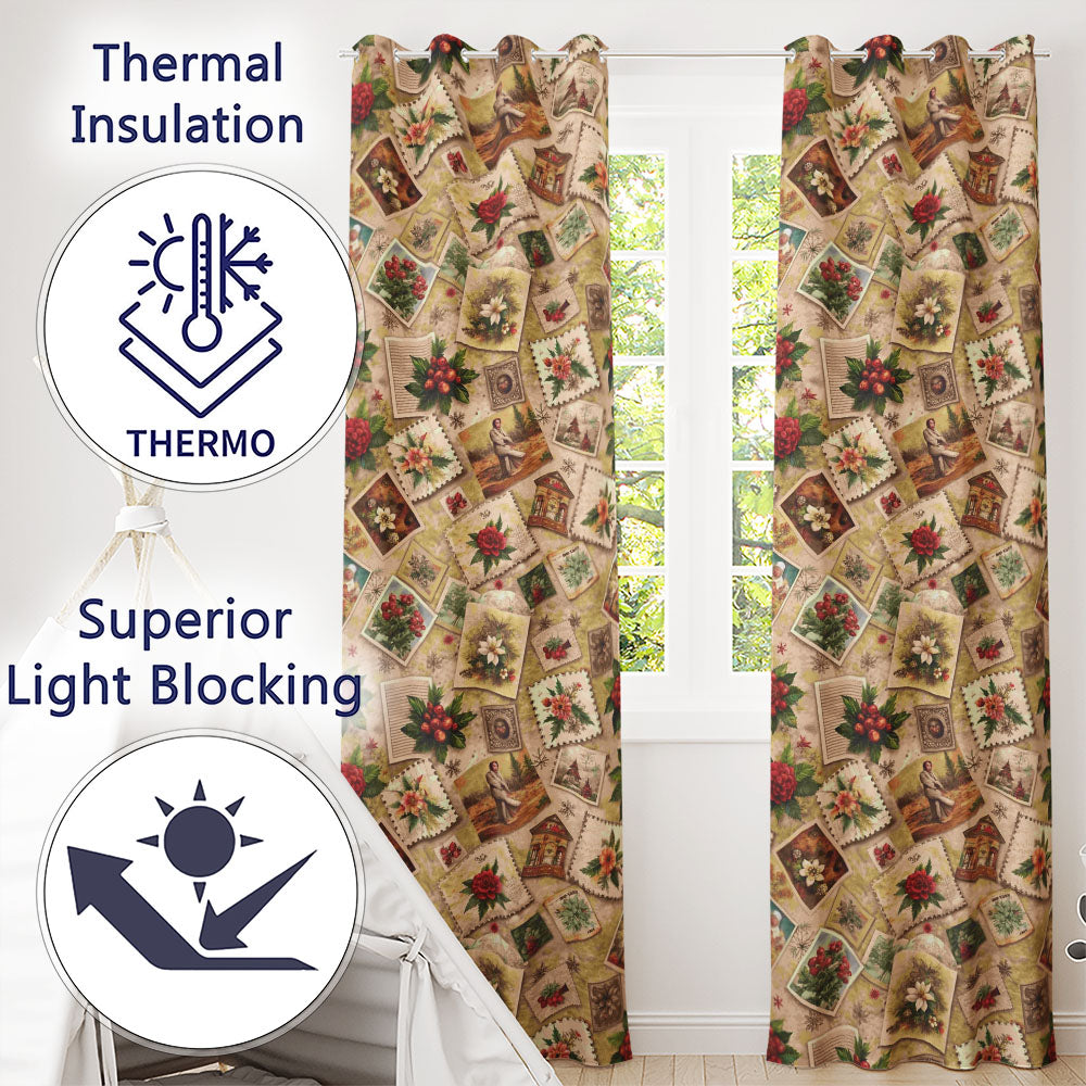 Antique Christmas Floral Postcard Collage Curtain AestheticHome Readymade Eyelet Ring Top Thermal 100% Blackout Curtains